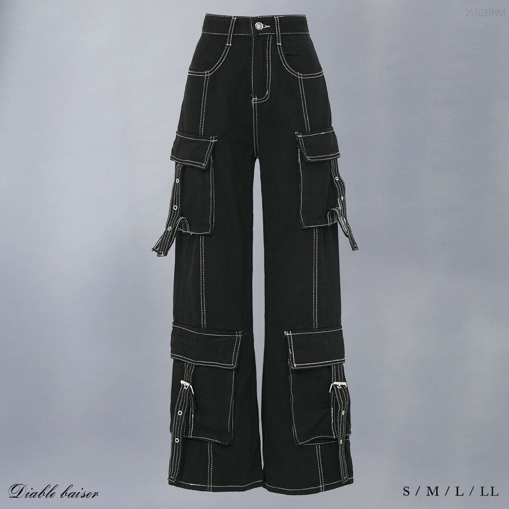 ステッチベルトポケットブラックデニムパンツ【大きいサイズ有