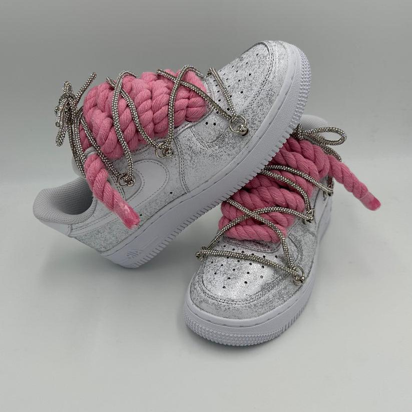 Nike Air Force 1 Glitter “Rope Laces Pink” Triple Crystal Silver