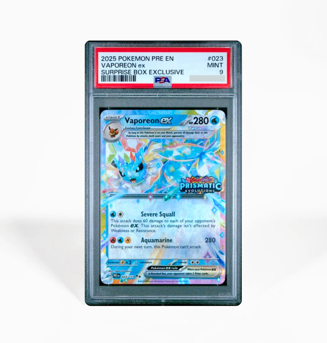 PSA 9 Vaporeon ex Surprise Box Prismatic Evolutions #023 Pokemon