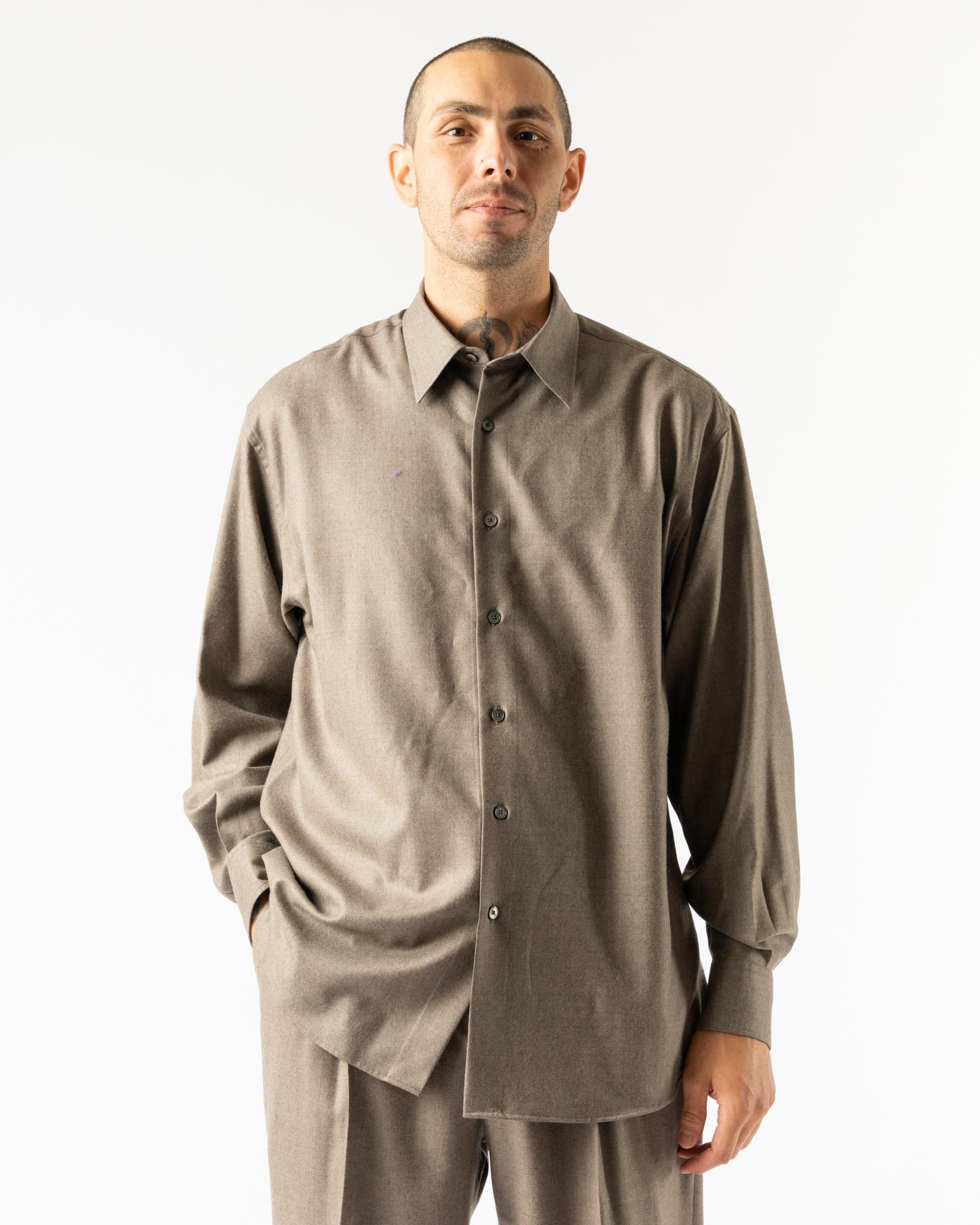 Auralee Super Light Wool Shirt in Top Brown Curated at Jake and Jones