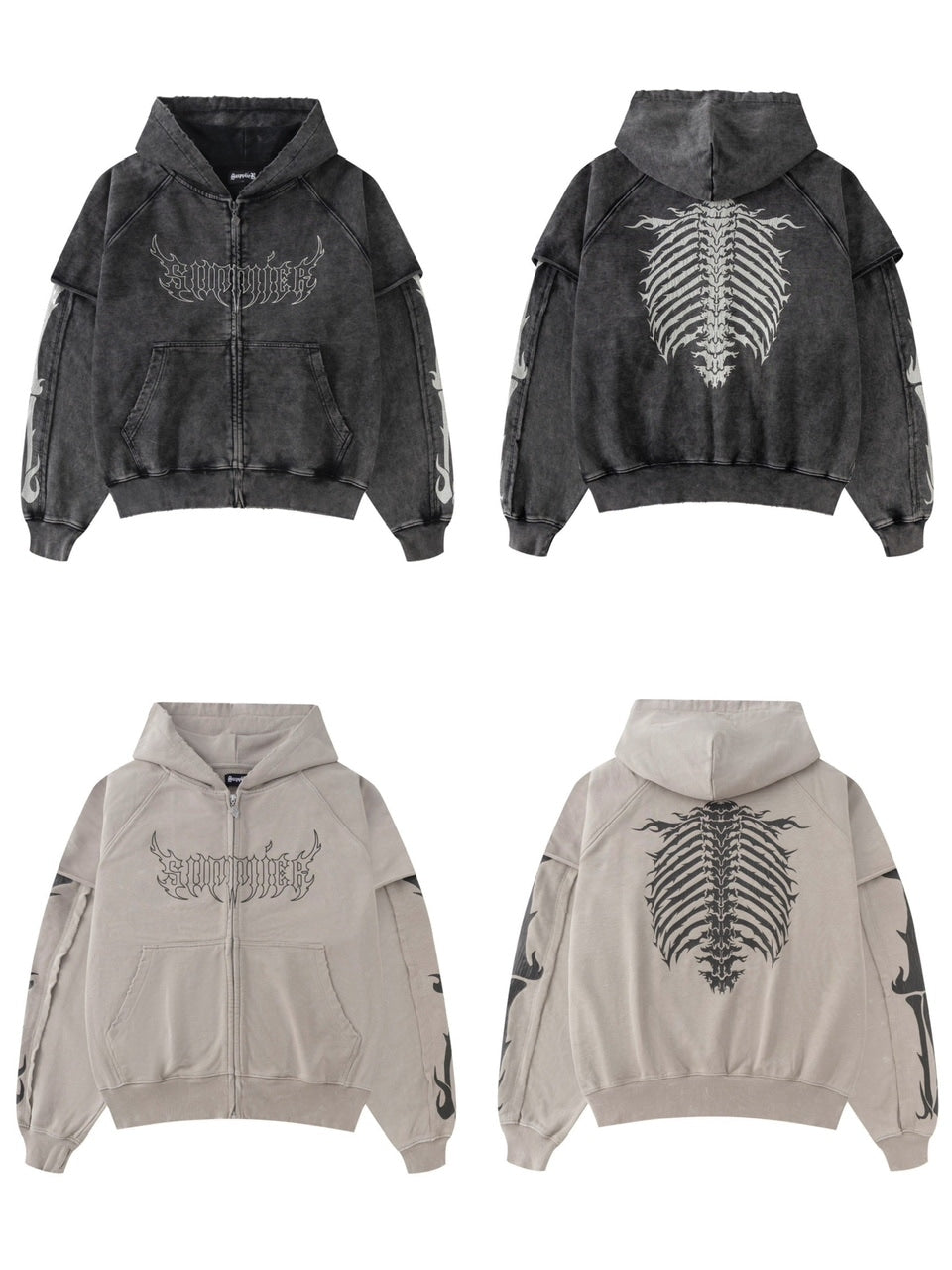 SUPPLIER】Fire Bones Layered Sleeve Zip Hoodie – PRESSING WEB SHOP