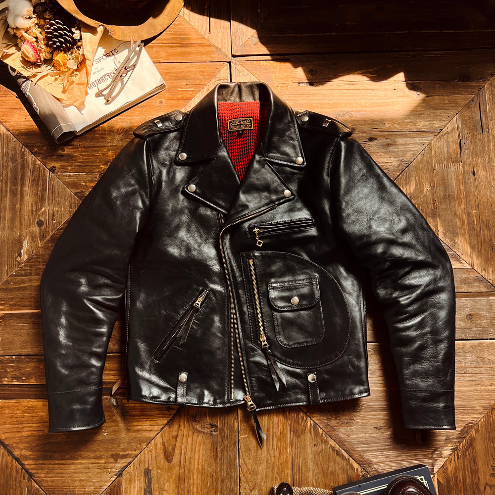 50'sスタイル Dポケ 茶芯 ホースハイド ダブルライダースジャケット S