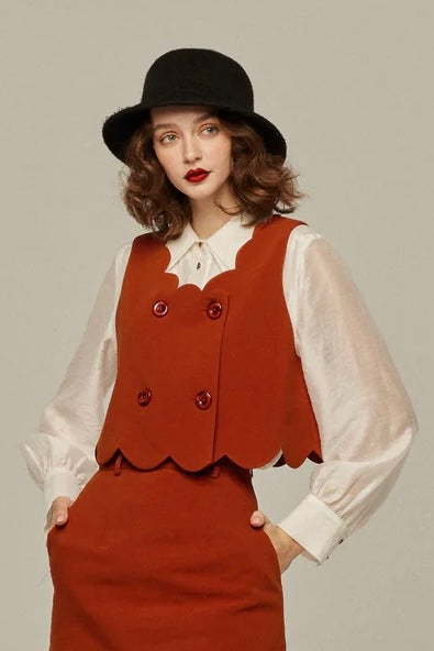 そばかすができた》スカラップデザインダブルブレストベスト-Orange