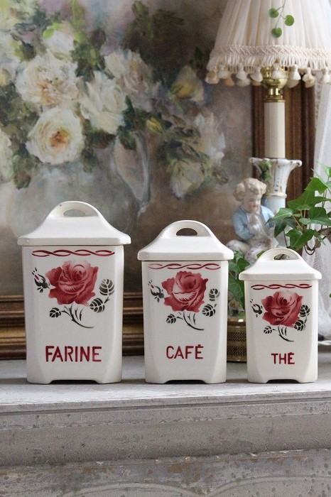フランスアンティーク 「Badonviller 」薔薇のキャニスター3Pセット