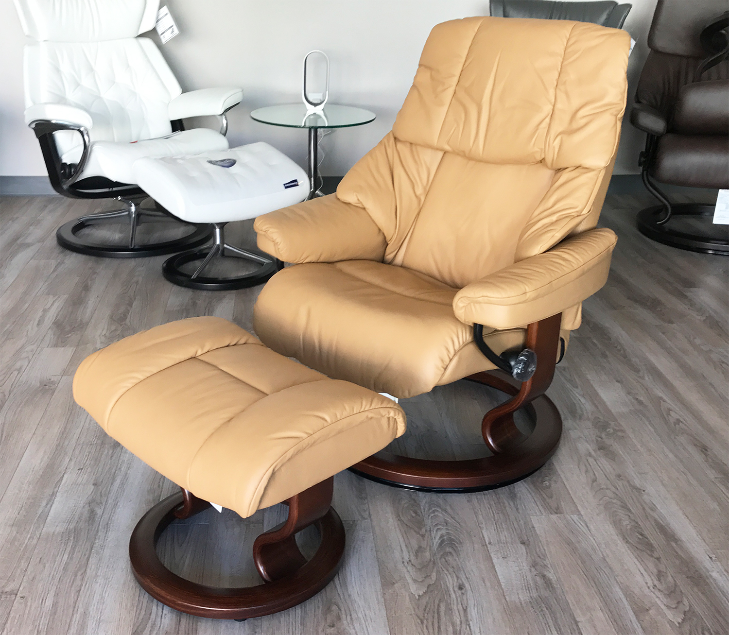 Stressless Reno Paloma Pearl Leather Recliner Chair and Ottoman by