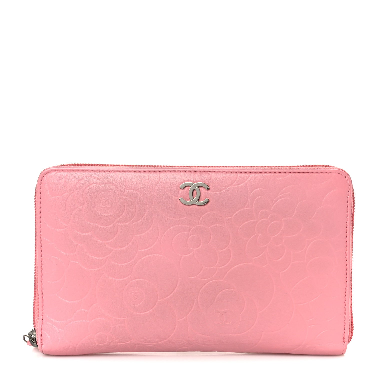 Chanel Lambskin Camellia Embossed Zip Around Organizer Wallet Pink