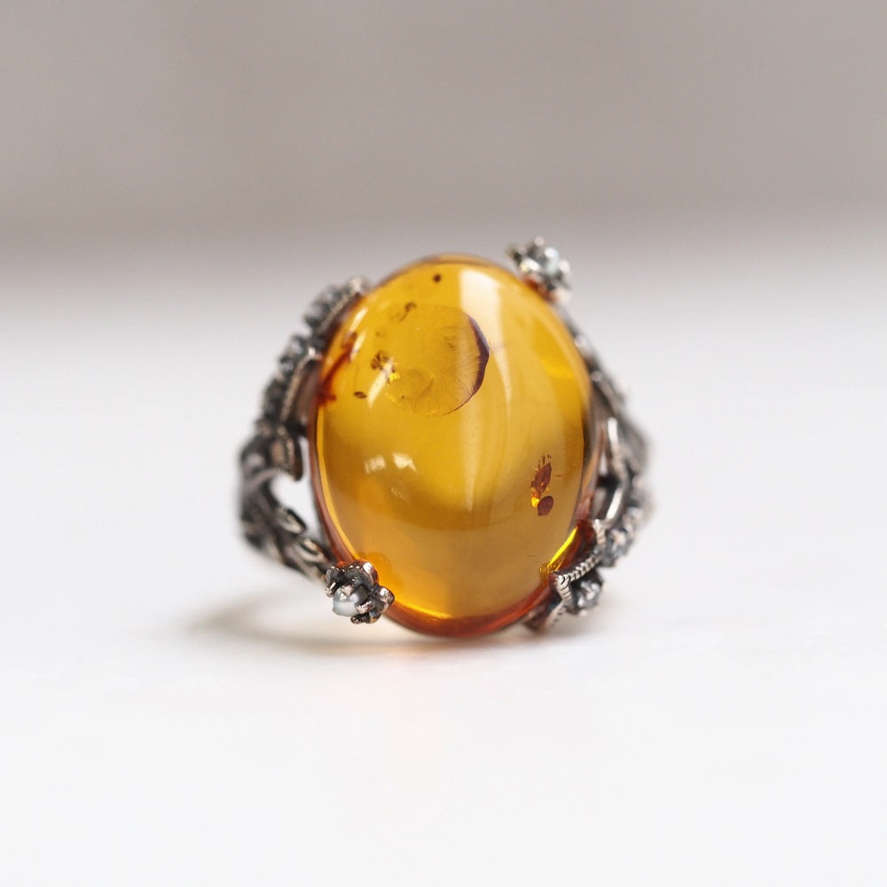 琥珀(こはく)/ホワイトトパーズ シルバーリング(やぐるまぎく