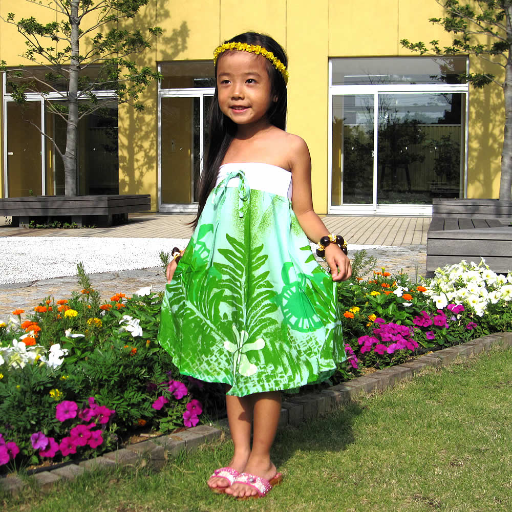 子供用ハワイアンワンピース 2way エメラルドグリーン｜フラと