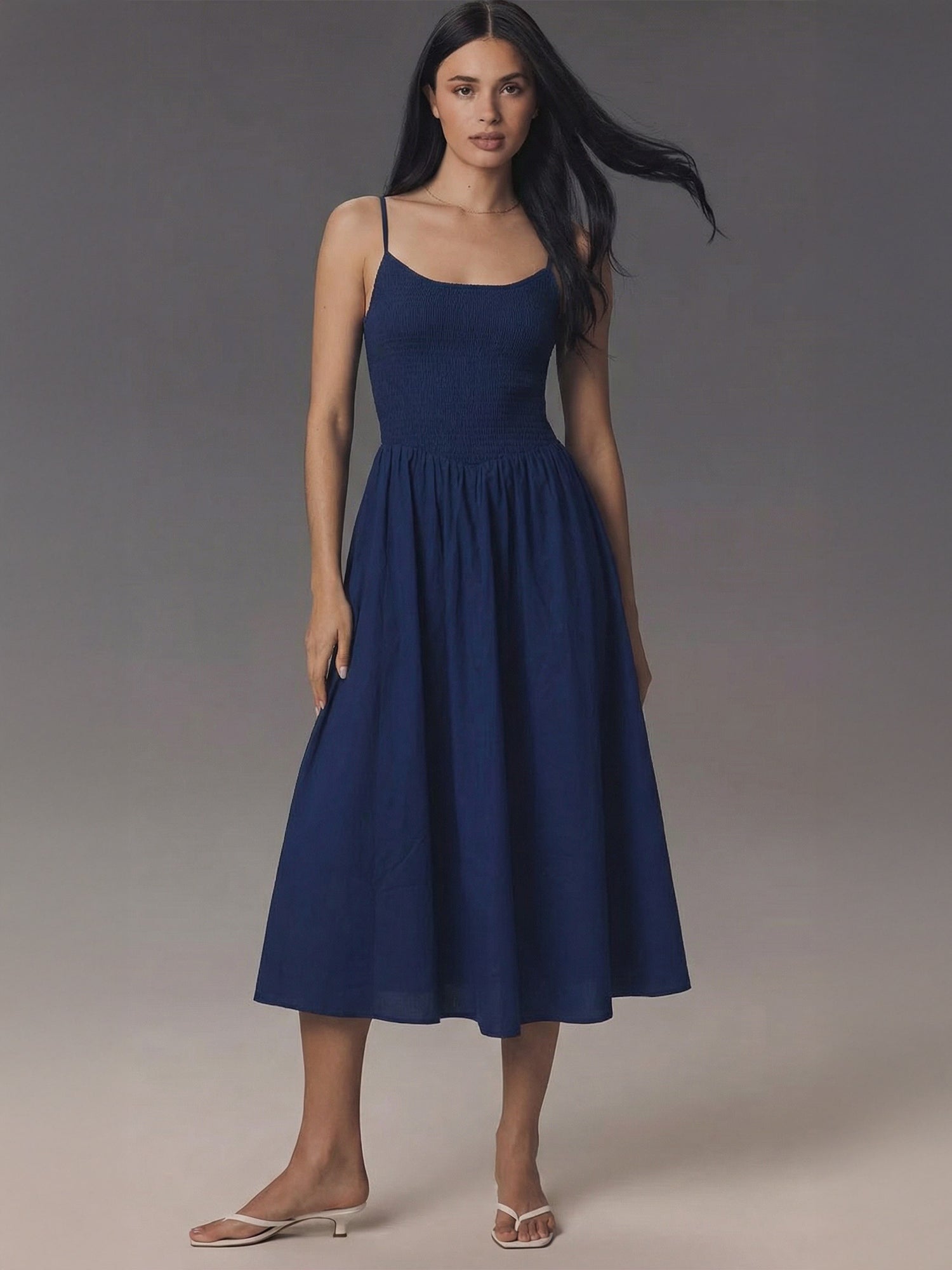 Sleeveless Smocked Bodice Cotton Poplin Midi Sun Dress – New York