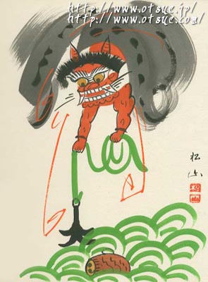 風刺画 雷公の太鼓釣