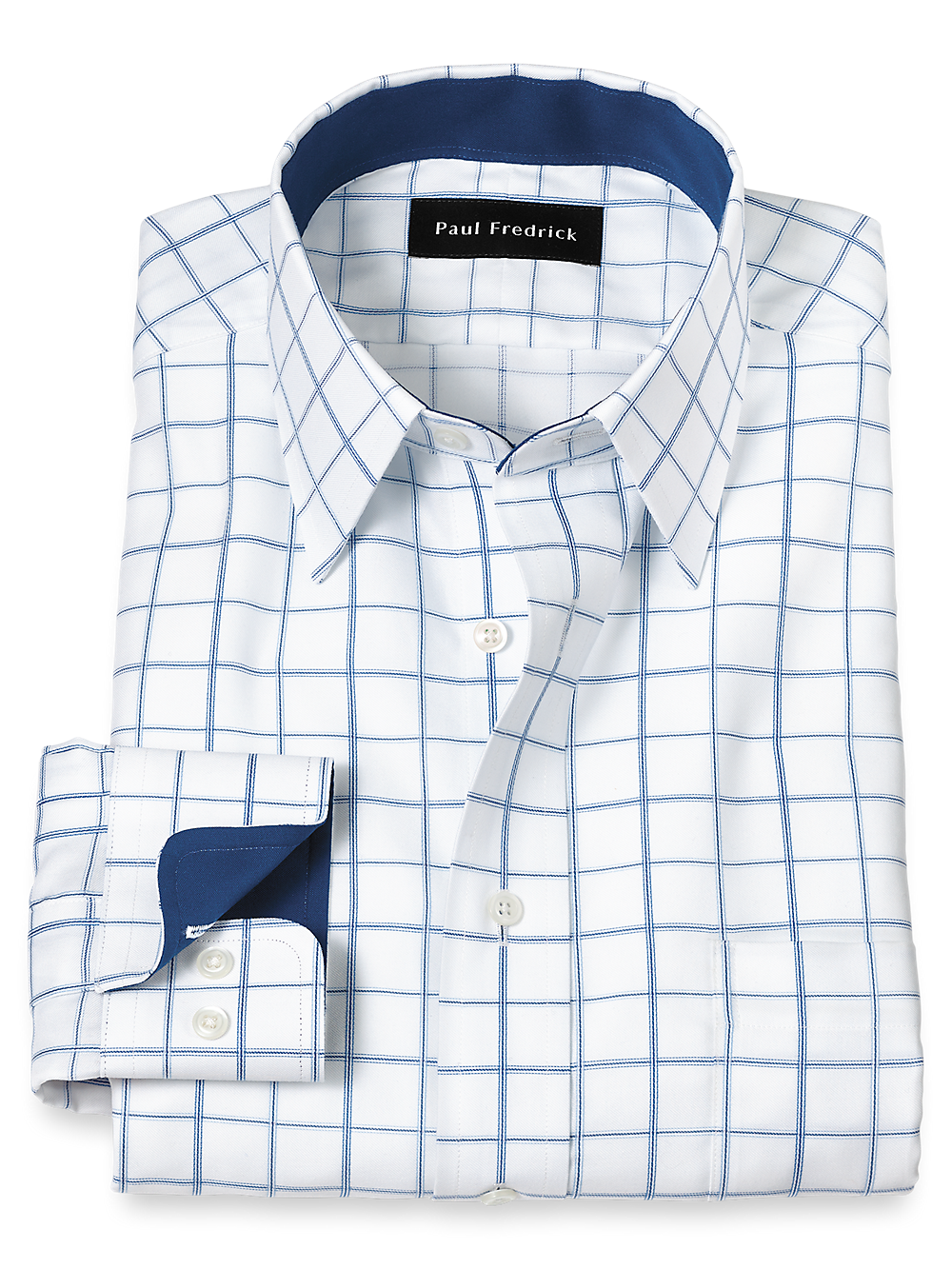Non-Iron Cotton Windowpane Dress Shirt With Contrast Trim - White