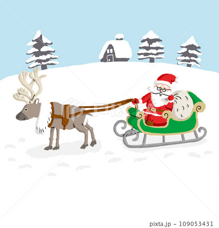 トナカイの引くソリに乗ってクリスマスプレゼントを届けるサンタの