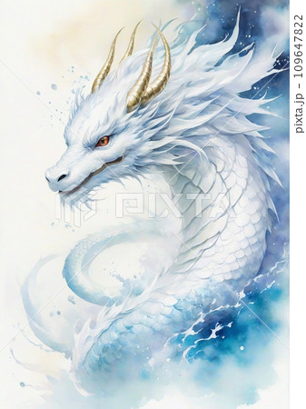 白龍 水神 海神 の水彩画 開運 イラスト アート（AI生成画像）の