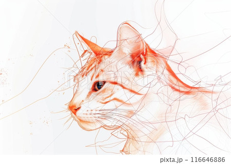 オレンジの猫の横顔の水彩画（ドローイング・ラインアート・幻想的