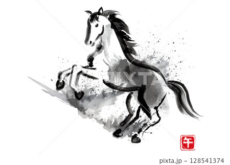 水墨風の馬のイラスト午年年賀素材（背景のみAI）のイラスト素材