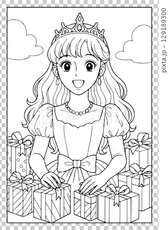 昭和レトロな日本ふうのお姫様ぬりえ：プレゼントのイラスト素材