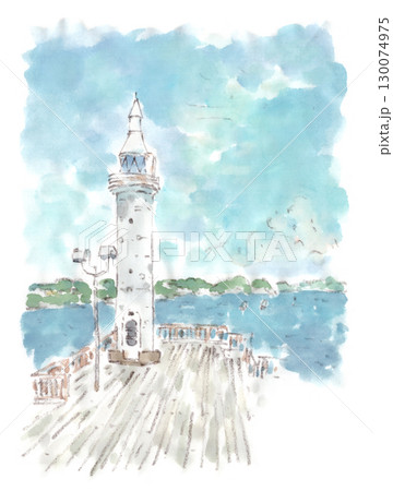 夏の江ノ島の灯台の風景。水彩画イラストのイラスト素材 [130074975