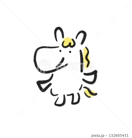 墨絵のかわいい笑顔の白馬 正月素材 手描きのイラスト素材 [132605431