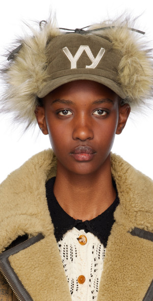 OPEN YY - Khaki Faux Fur Corduroy Earflap Cap