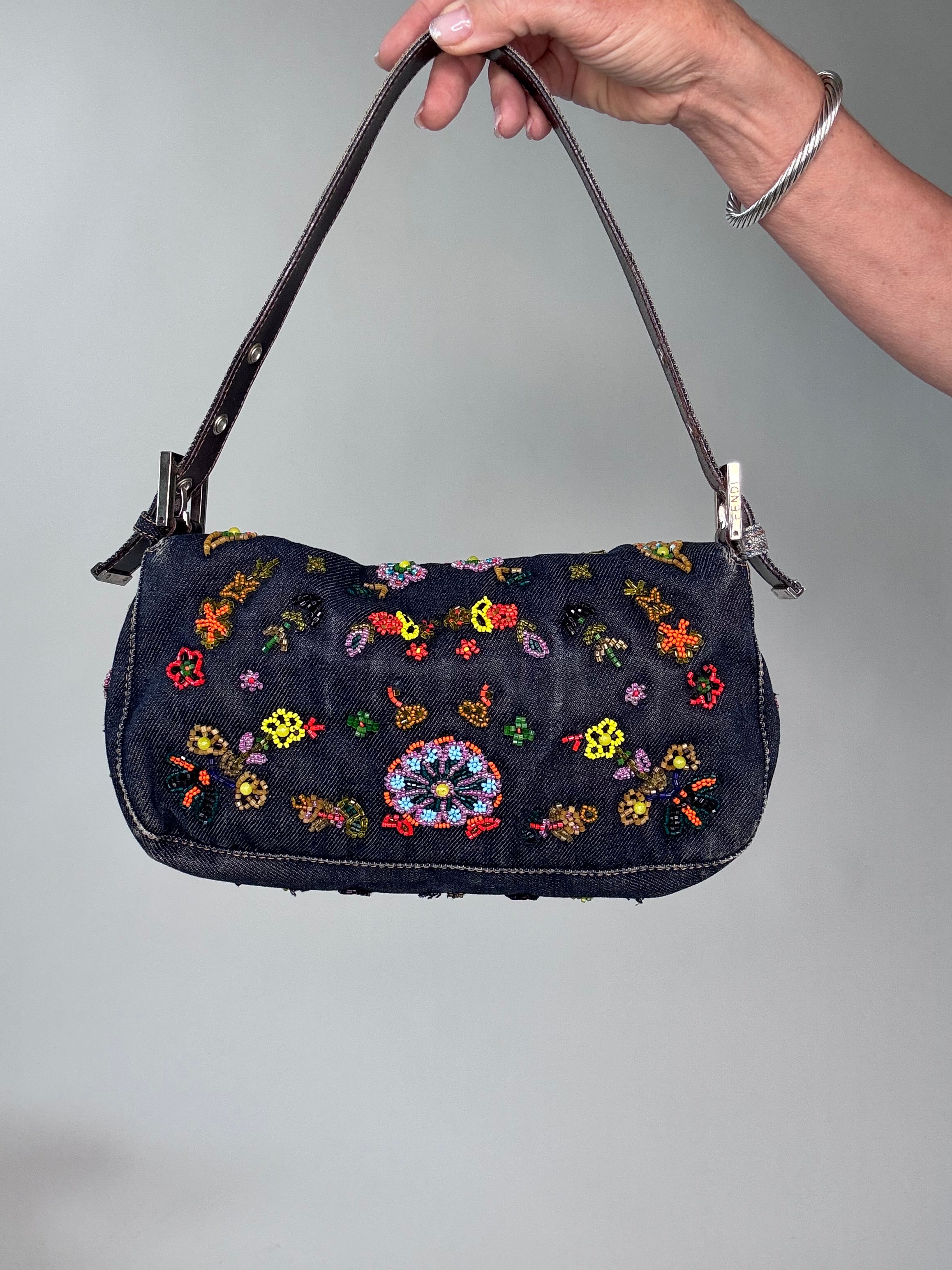 Fendi Floral Beaded Denim Baguette – thestilstyle