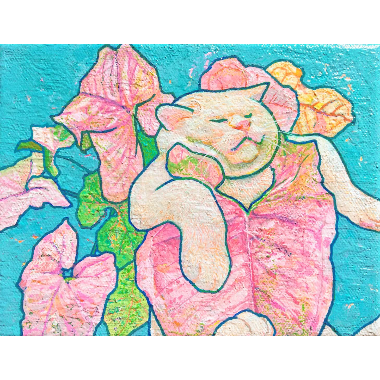 原画]リフレッシュ中のネコとシンゴニウム | STSN ｜インテリア絵画