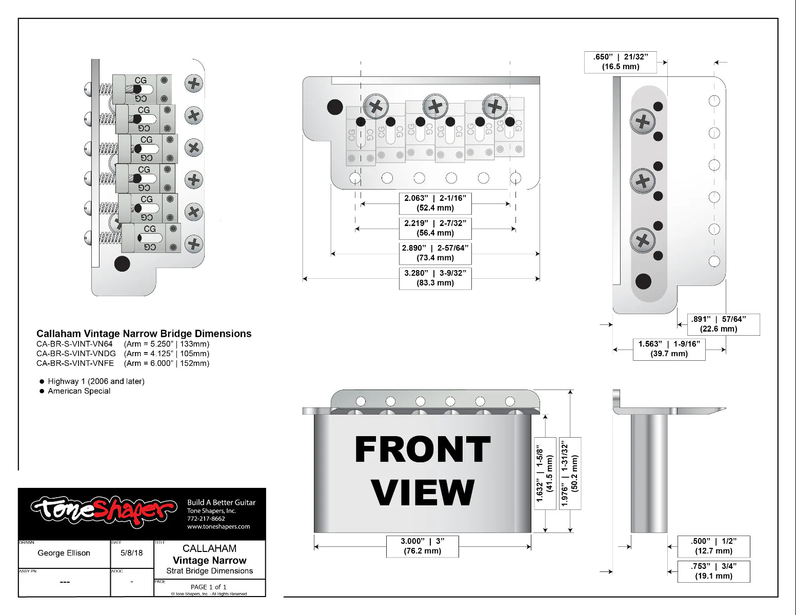 Callaham Tremolo for Stratocaster, Narrow – ToneShapers