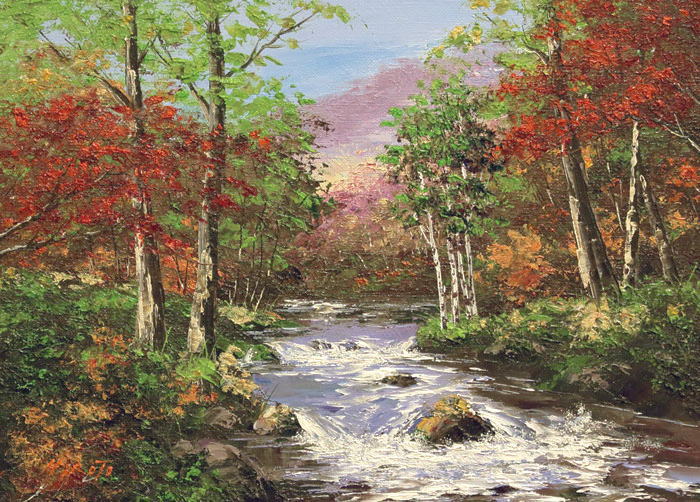 真作】絵画 油彩4号 渓流の秋彩 鮮やかな紅葉と水音が響く風景画 Y89