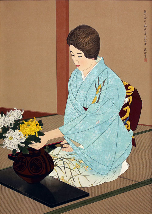 楽天市場】伊東深水『菊を活ける』(菊を活ける勅使河原霞女史) 木版画