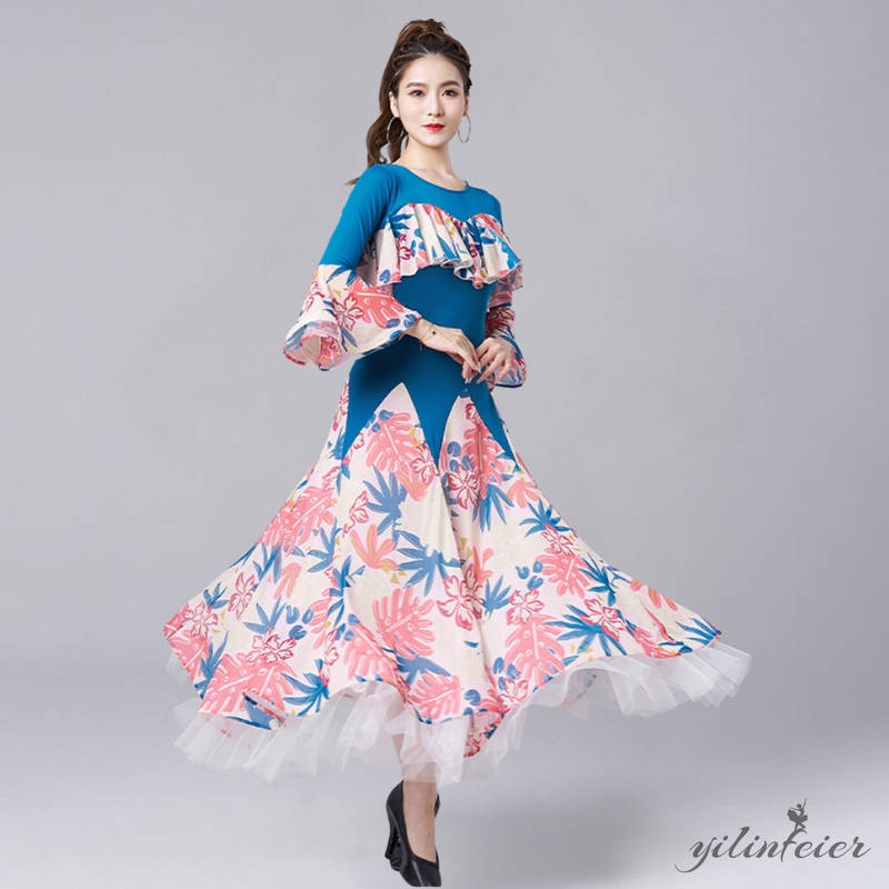 楽天市場】社交ダンス ドレス 花柄 パフスリーブ ワンピース フリル