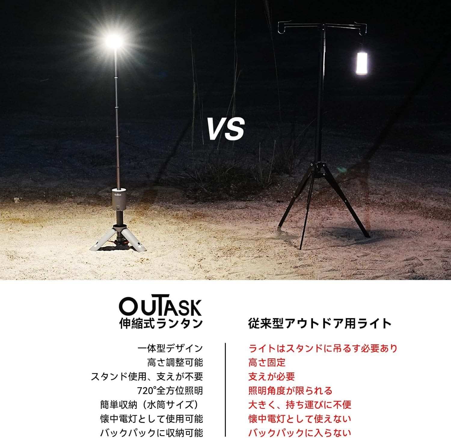 楽天市場】Outask 伸縮式LEDランタン 三脚付き 12000mAhバッテリー内蔵