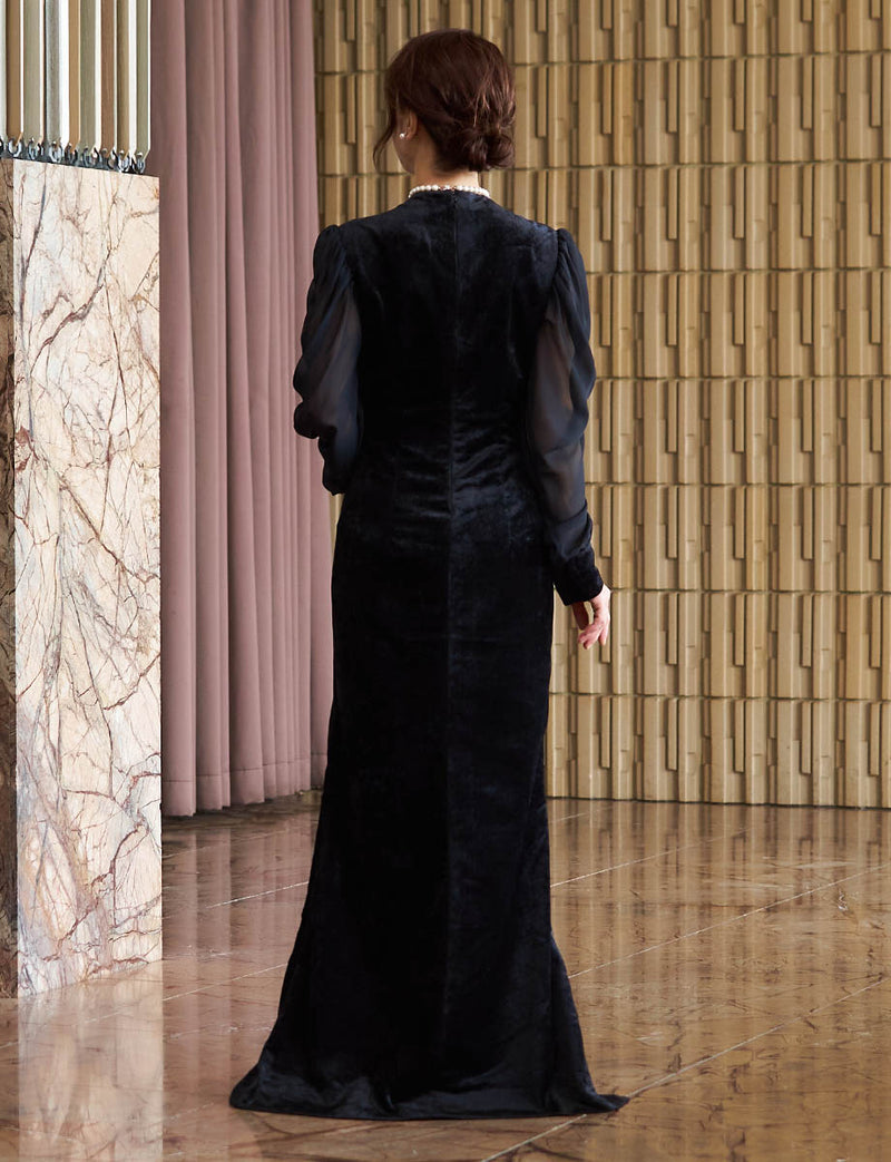 結婚式 母親ドレス ベロア ブラック・マザーズドレス シフォン袖付き