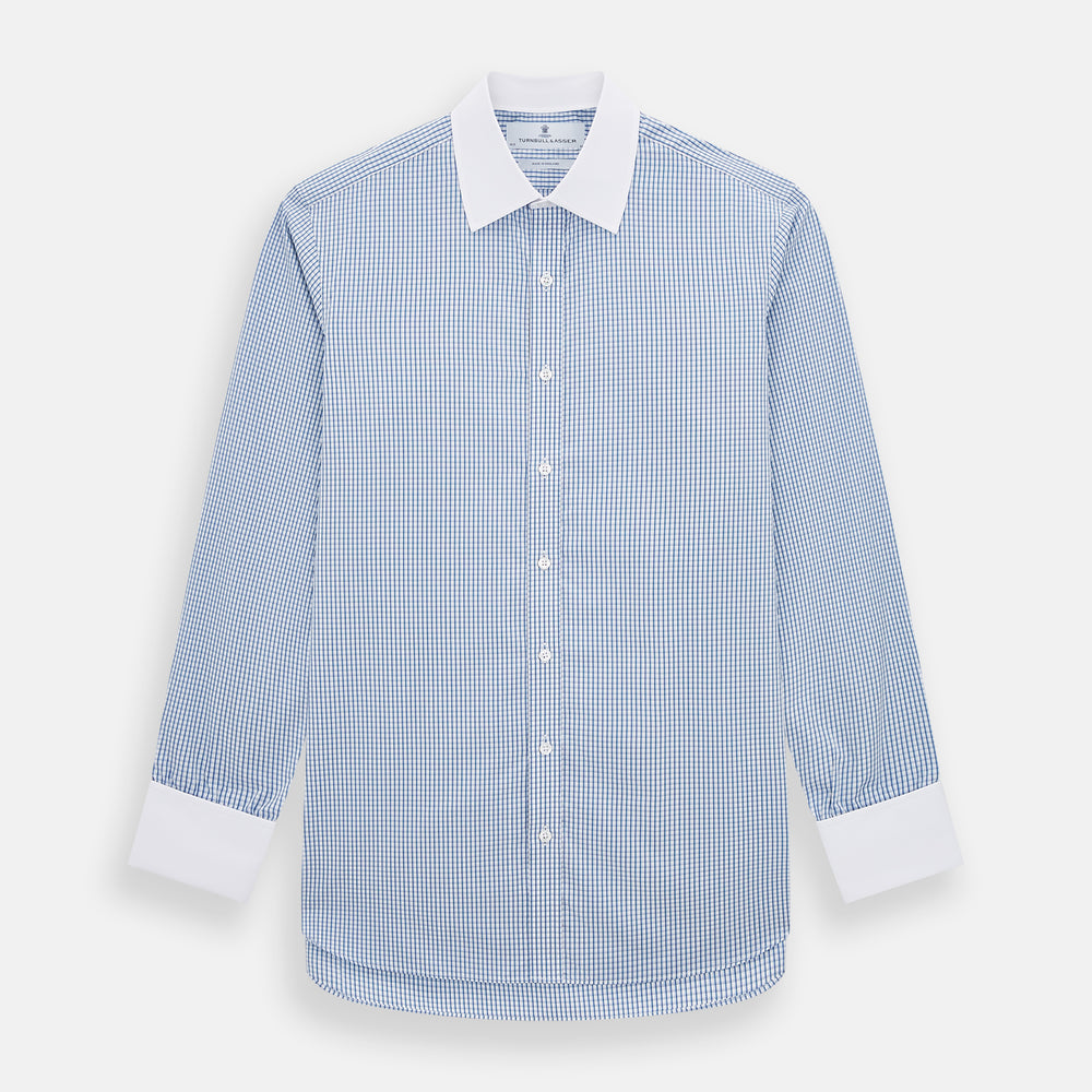 Sky Blue Micro Shadow Check Shirt with Contrast Collar and Double