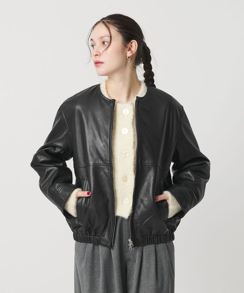 シープレザー ノーカラージップブルゾン