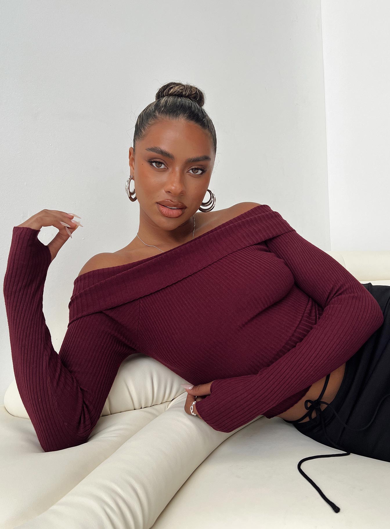 Morley Off Shoulder Sweater Burgundy | Princess Polly