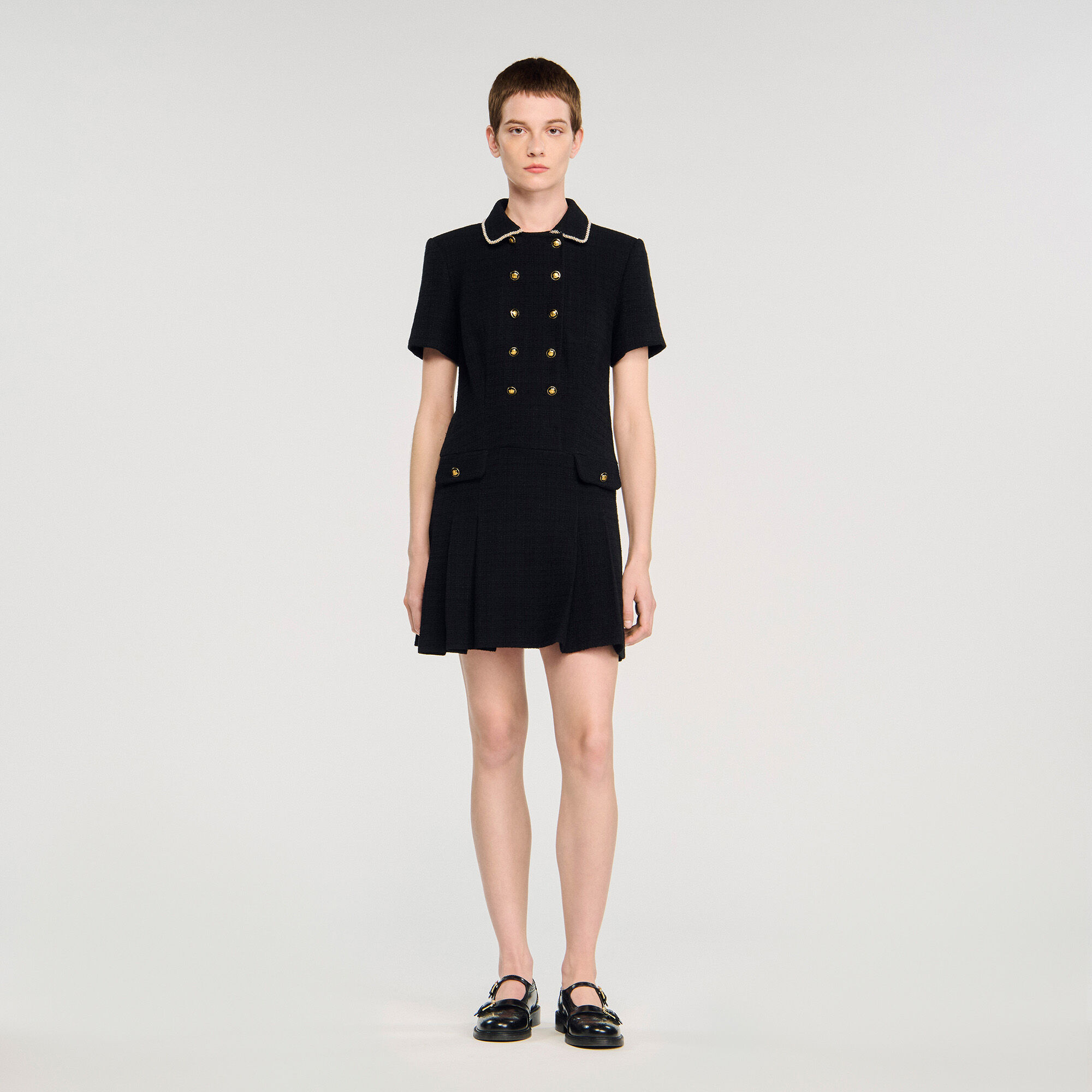 Mini buttoned tweed dress in Black for Women | Sandro Paris