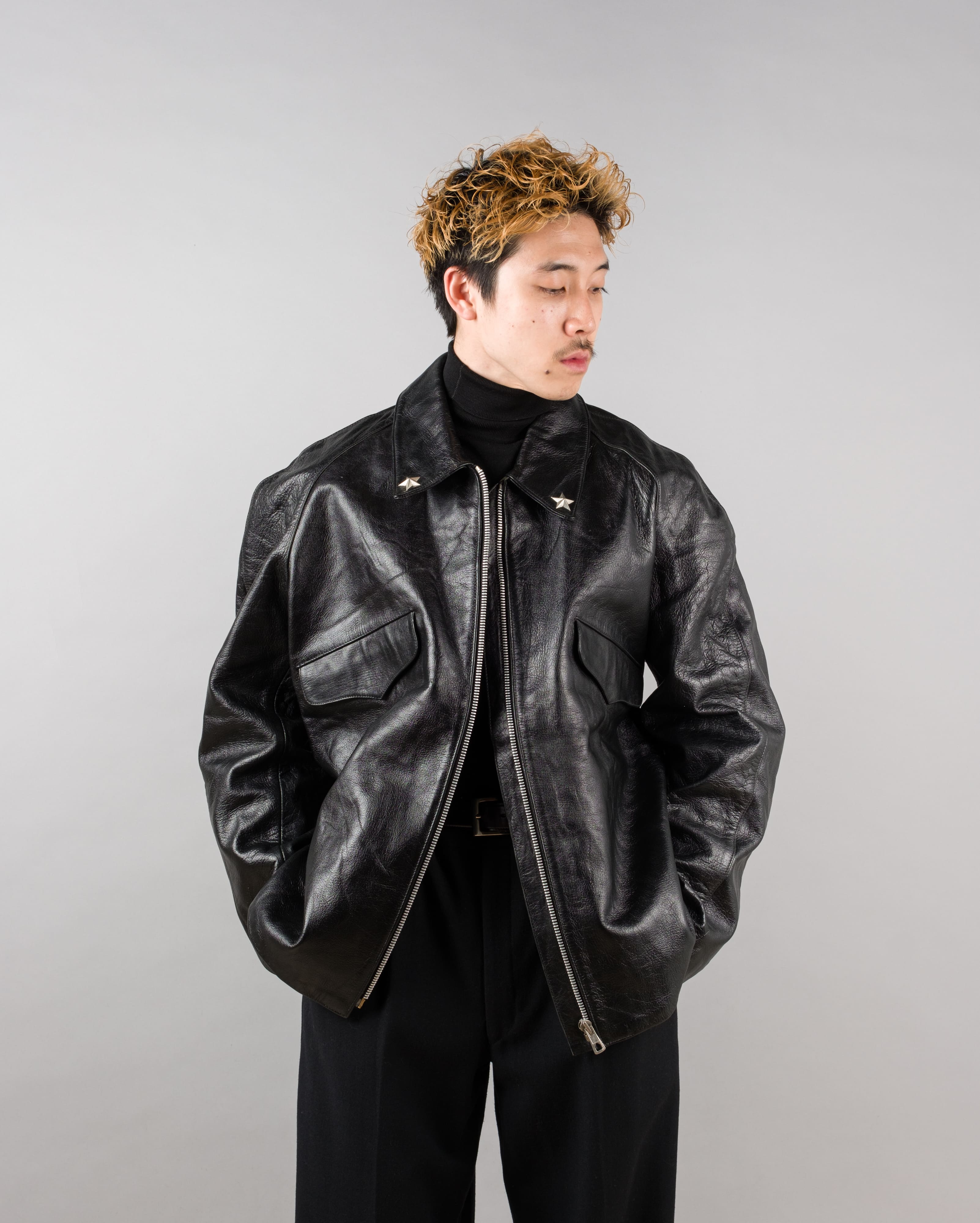 60's】Italian Army Motorcycle Leather Jacket Size.2