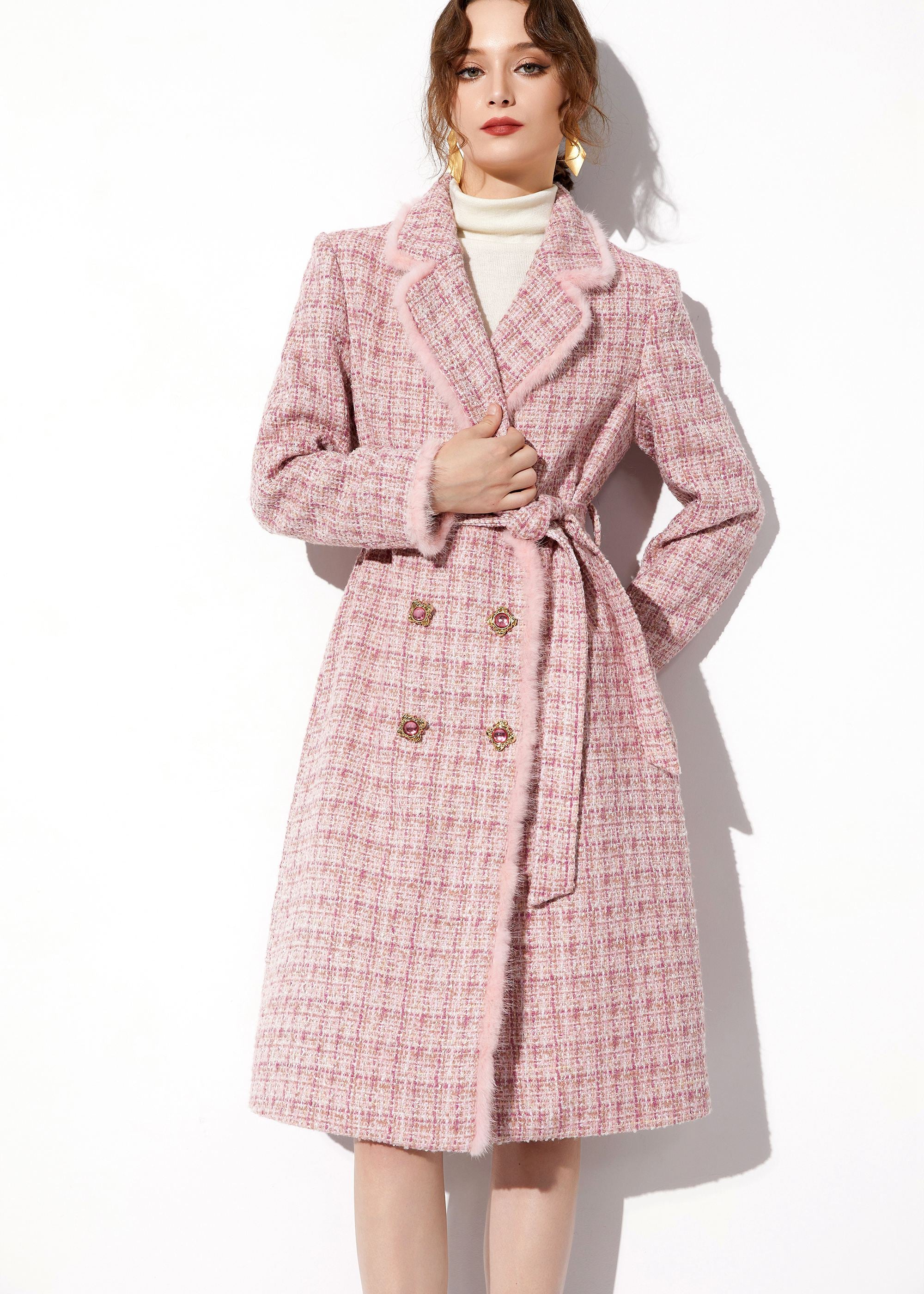 Pink Mink Fur Trim Plaid Tweed Coat – Vivian Seven
