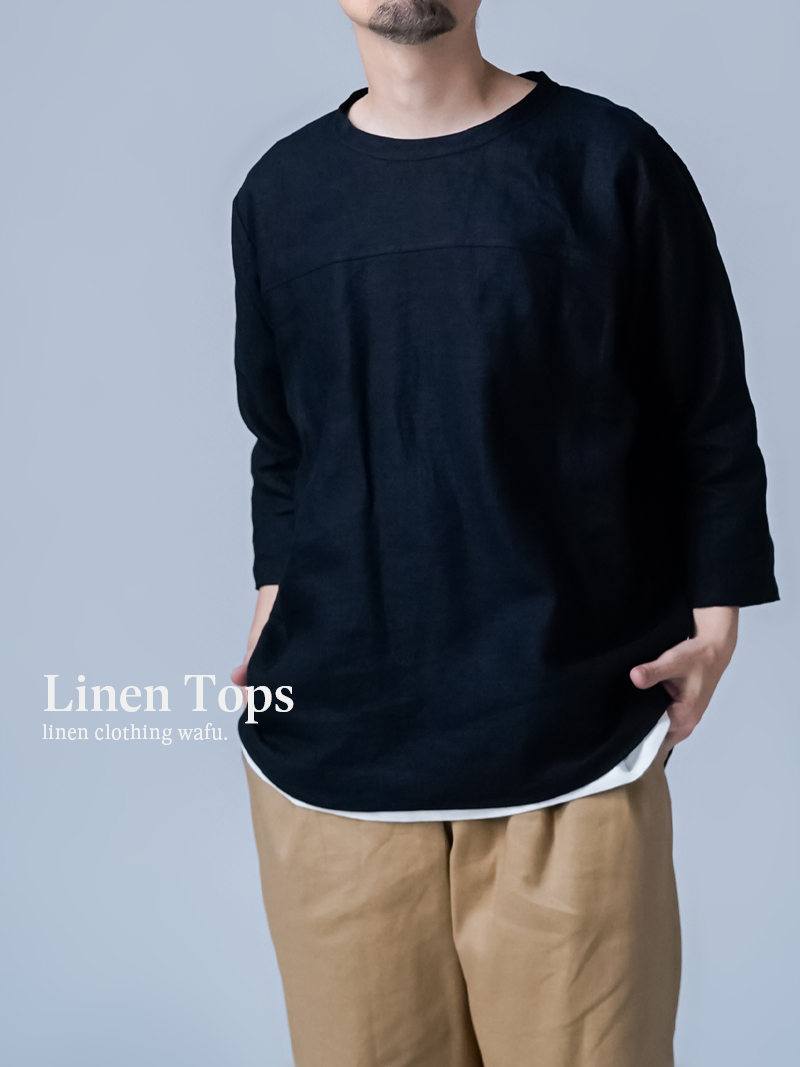 リネントップス】機嫌のいい私を叶える リネン 7分袖 トップス ／ 黒色