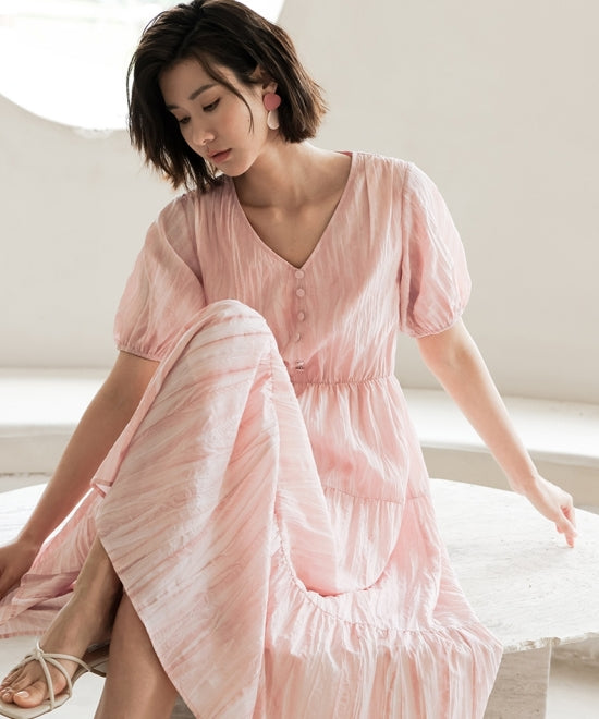 ピンク絞り染めシフォン半袖ロングワンピース – weMALL