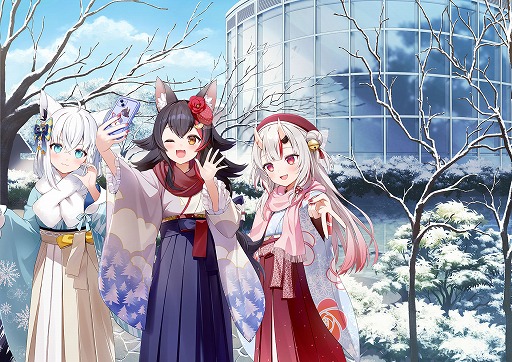 ホロライブの白上フブキさん，百鬼あやめさん，大神ミオさんと日本庭園