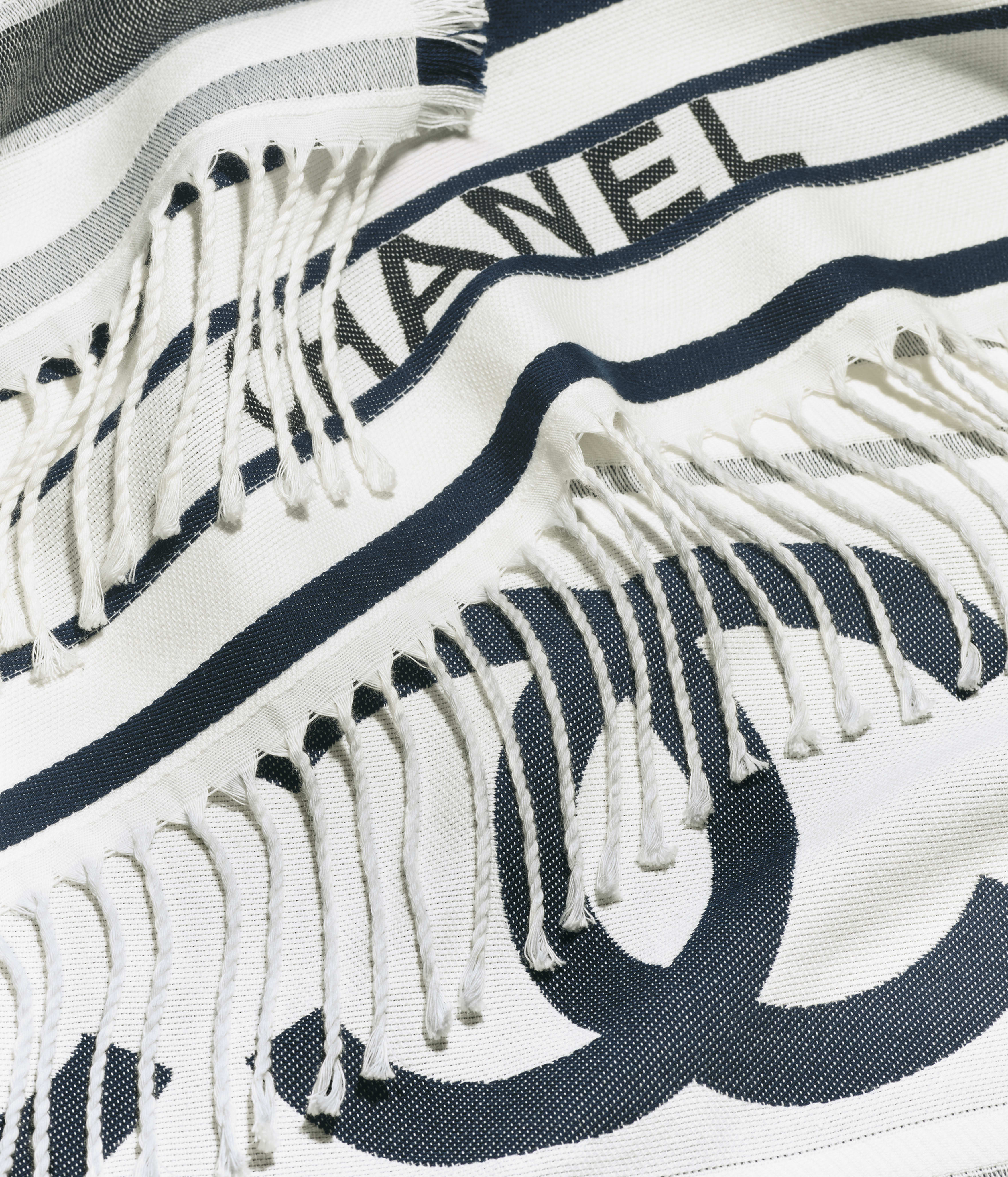 ビーチ タオル - コットン、ホワイト & ダークネイビーブルー