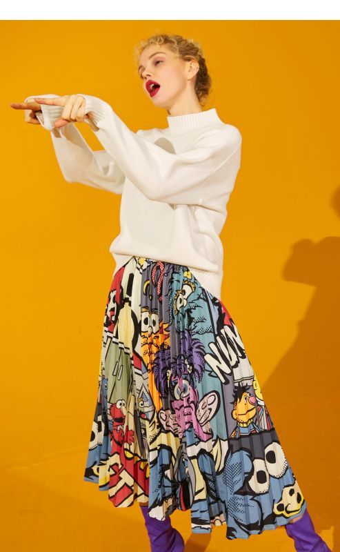 Women's comic cartoon Sesame Street printed pleated skirt セサミ