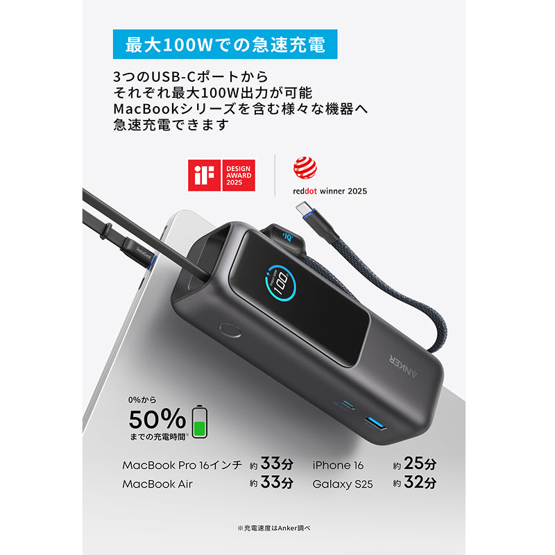 Anker Power Bank (25000mAh, Built-In & 巻取り式USB-Cケーブル
