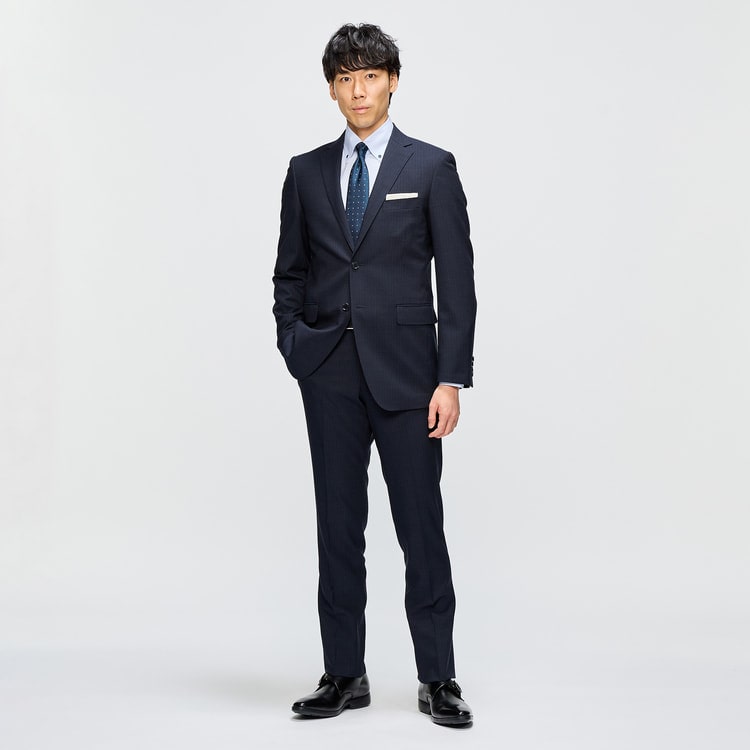 ストレッチ 洗える ウールブレンド 2パンツスーツ 紺 シャドー LES MUE