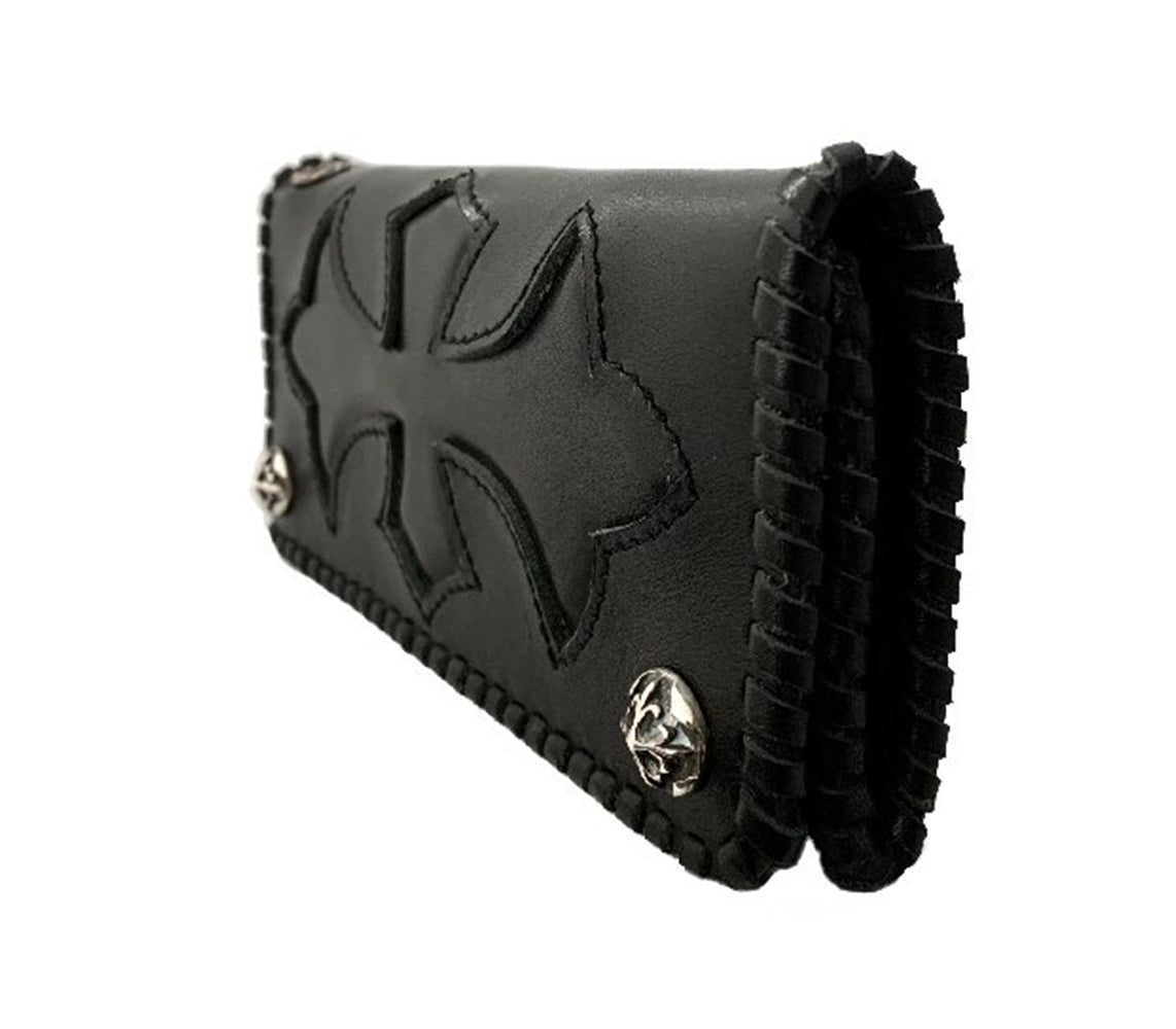 Long Leather Biker Wallet, Cross Design, Sterling Silver Buttons