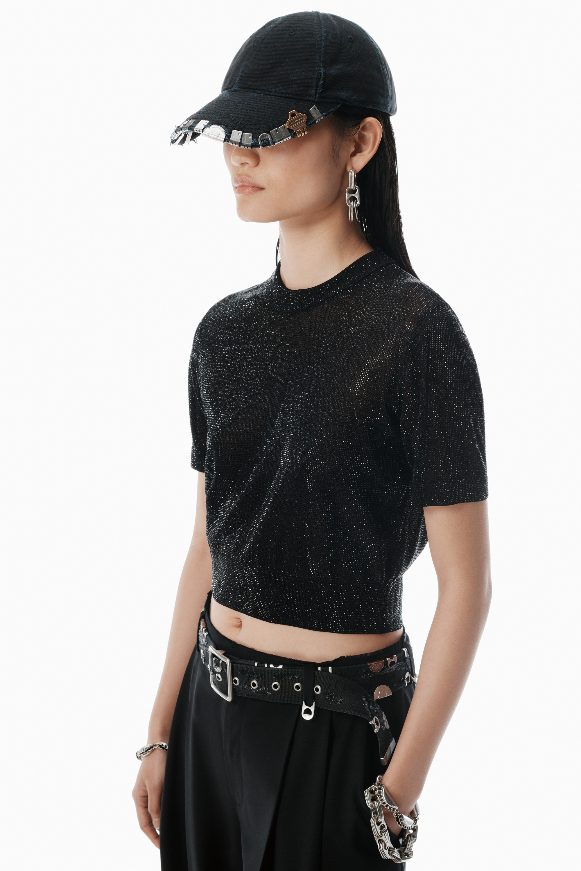 Black Clear Bead Hotfix Crewneck Tee in BLACK | alexanderwang®
