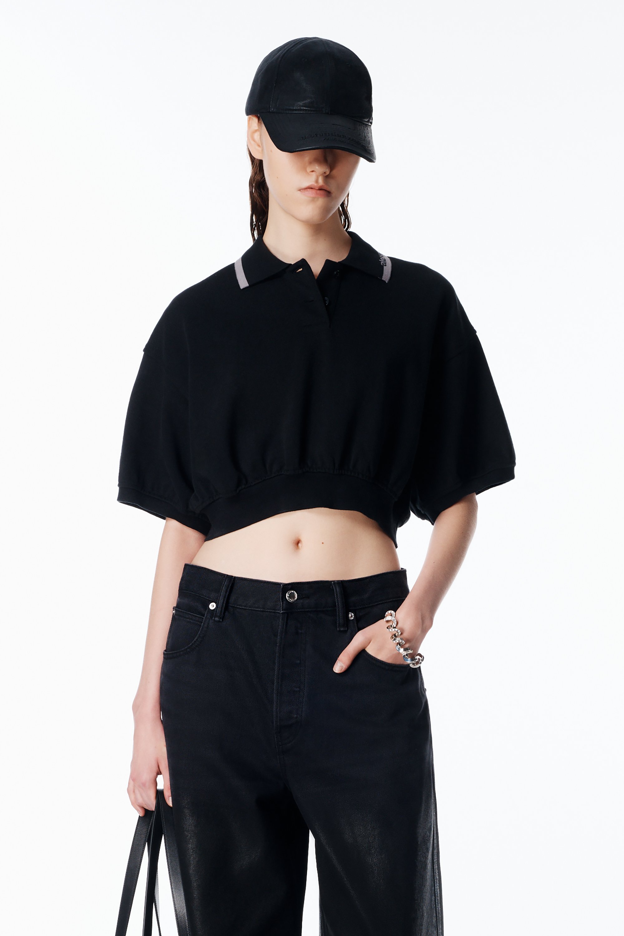 Cropped Cinched Cotton Polo in BLACK | alexanderwang®