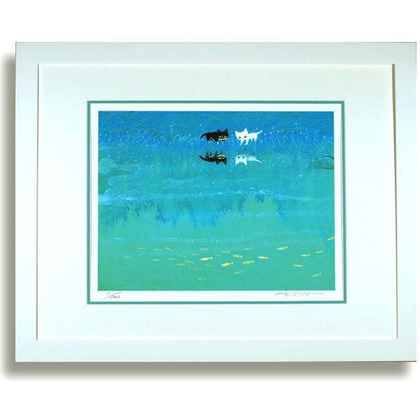 渡辺あきお「川辺の出会い」 自筆サイン入り版画