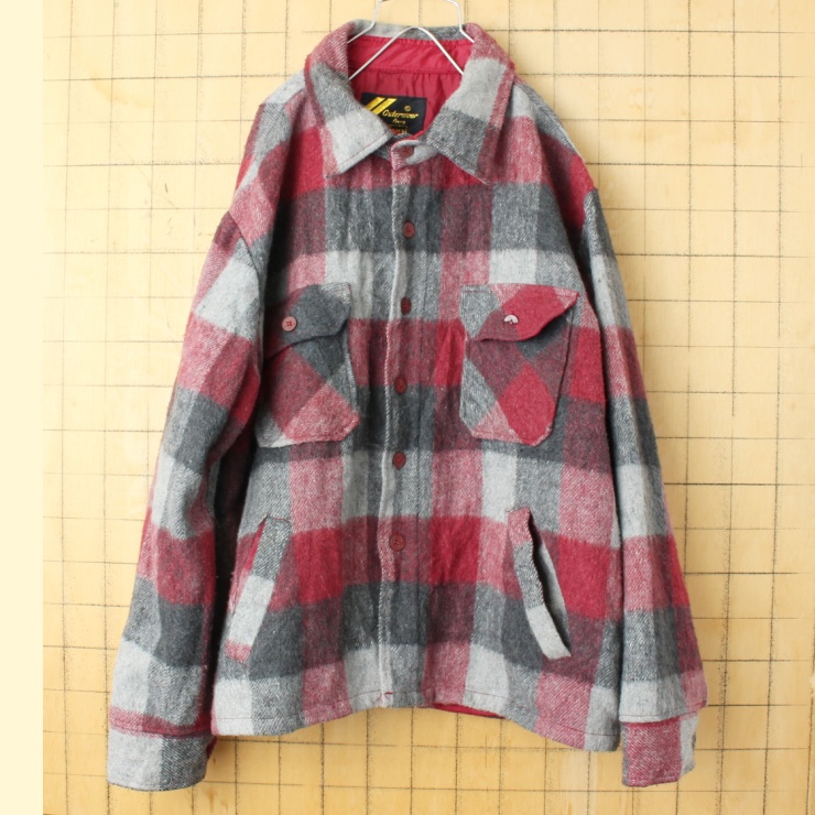 70s 80s USA Sears ウール チェック CPO ジャケット メンズXL レッド