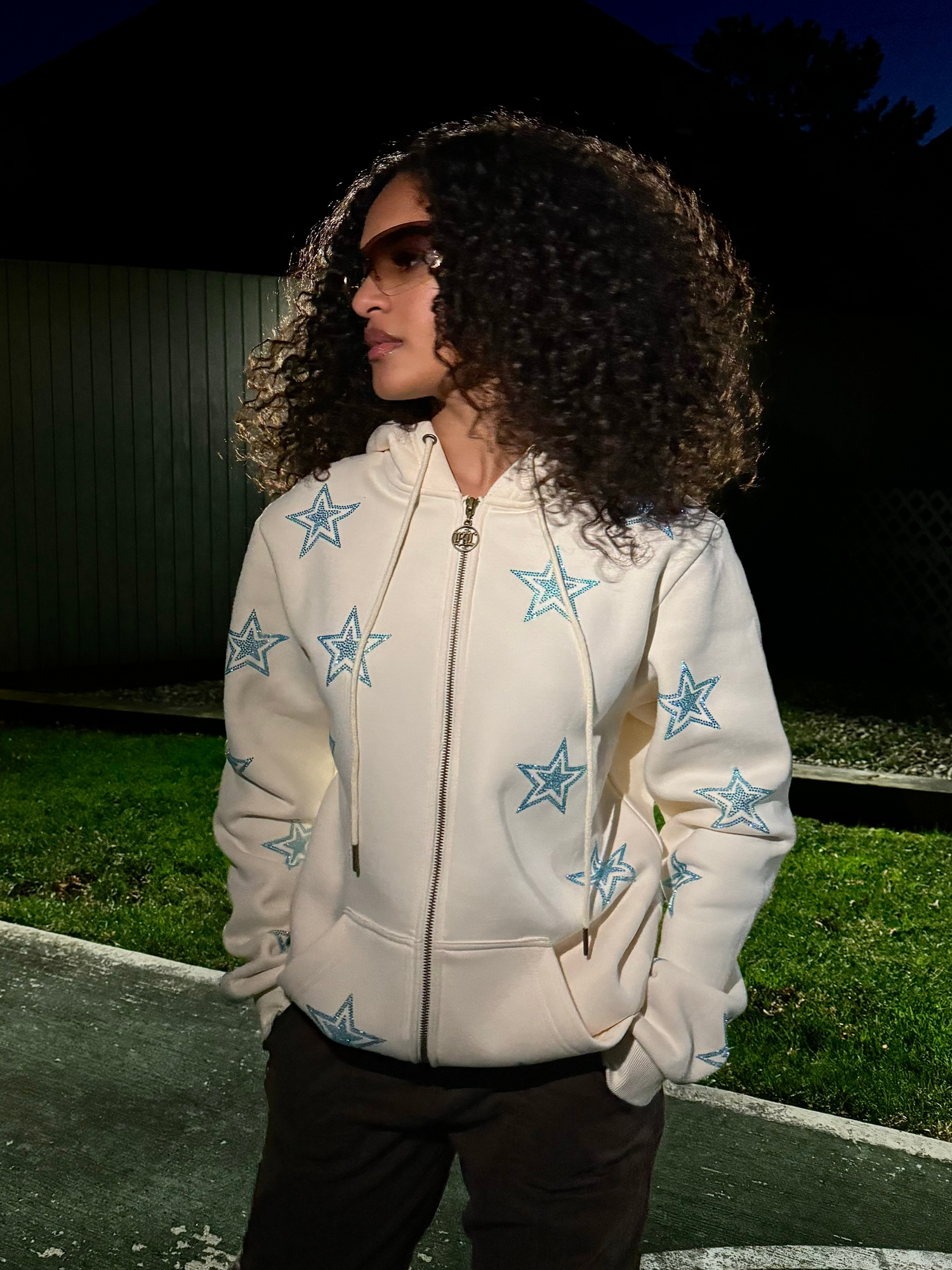 Ivory Stars Zip Up Hoodie: Aqua Iridescent Rhinestones – Beyond